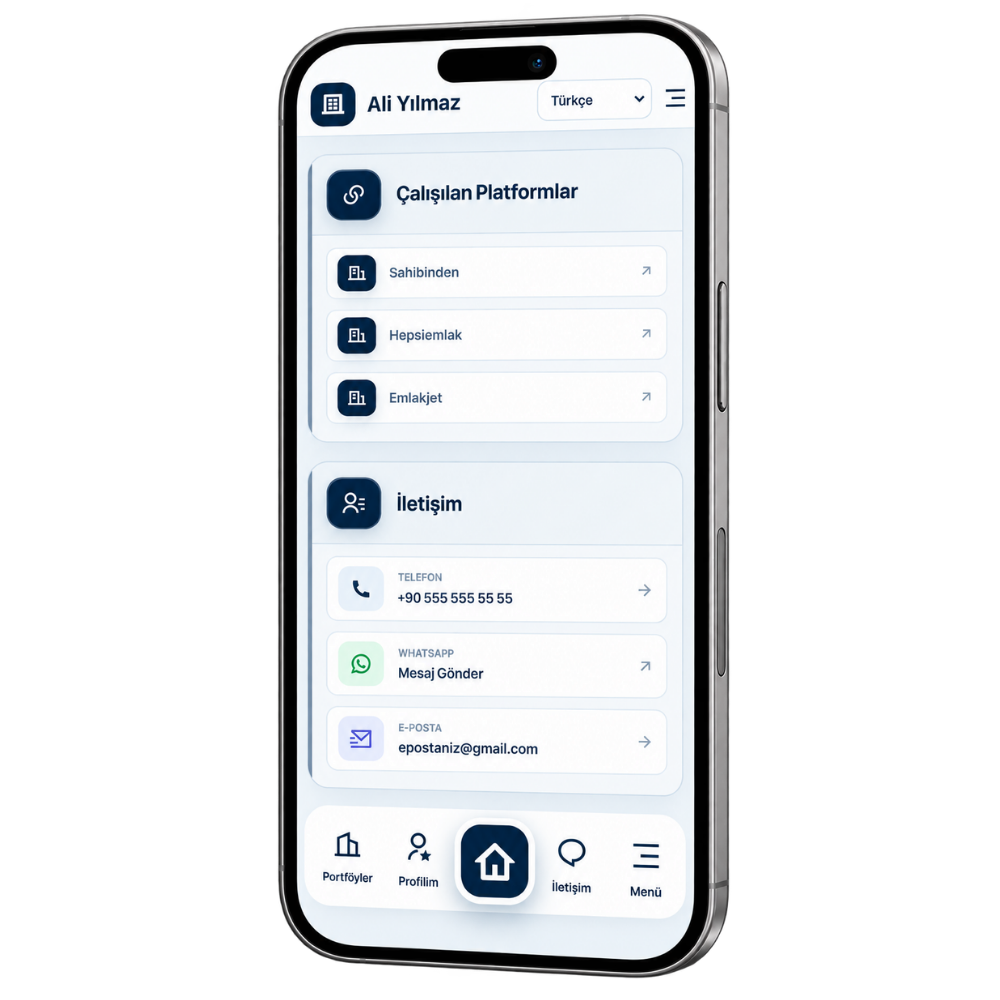 Emlak danışmanı ilan platformları, telefon, WhatsApp ve e-posta ekranı
