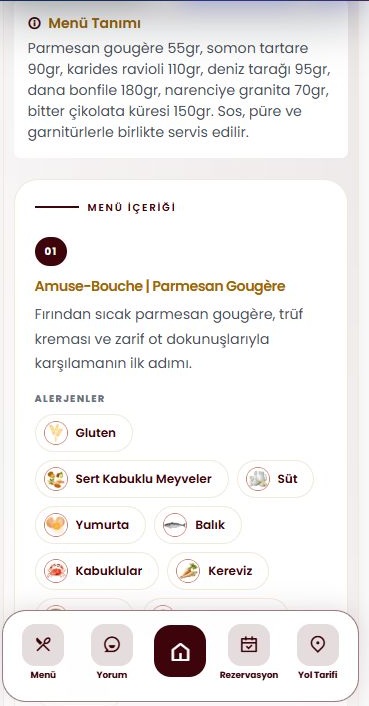 Canlı demodan Signature Tasting menüsünün ilk servis adımı, açıklaması ve alerjen bilgileri