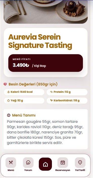 Aurevia Serein canlı demosunda Signature Tasting tadım menüsü, kişi başı fiyat, besin değerleri ve menü açıklaması
