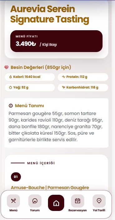 Canlı demodan Signature Tasting tadım menüsü özeti, fiyat, besin değerleri ve menü tanımı