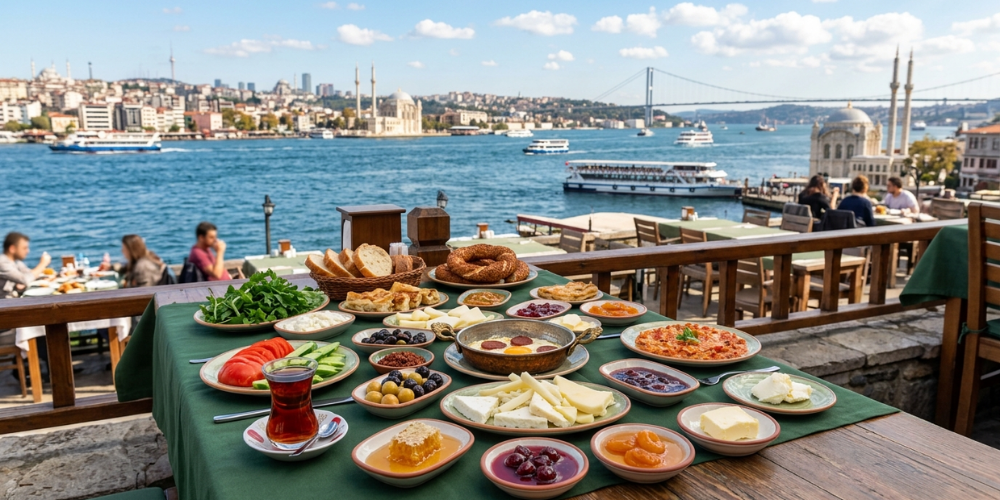 İstanbul Kafe demosundan Boğaz manzaralı kahvaltı sunumu