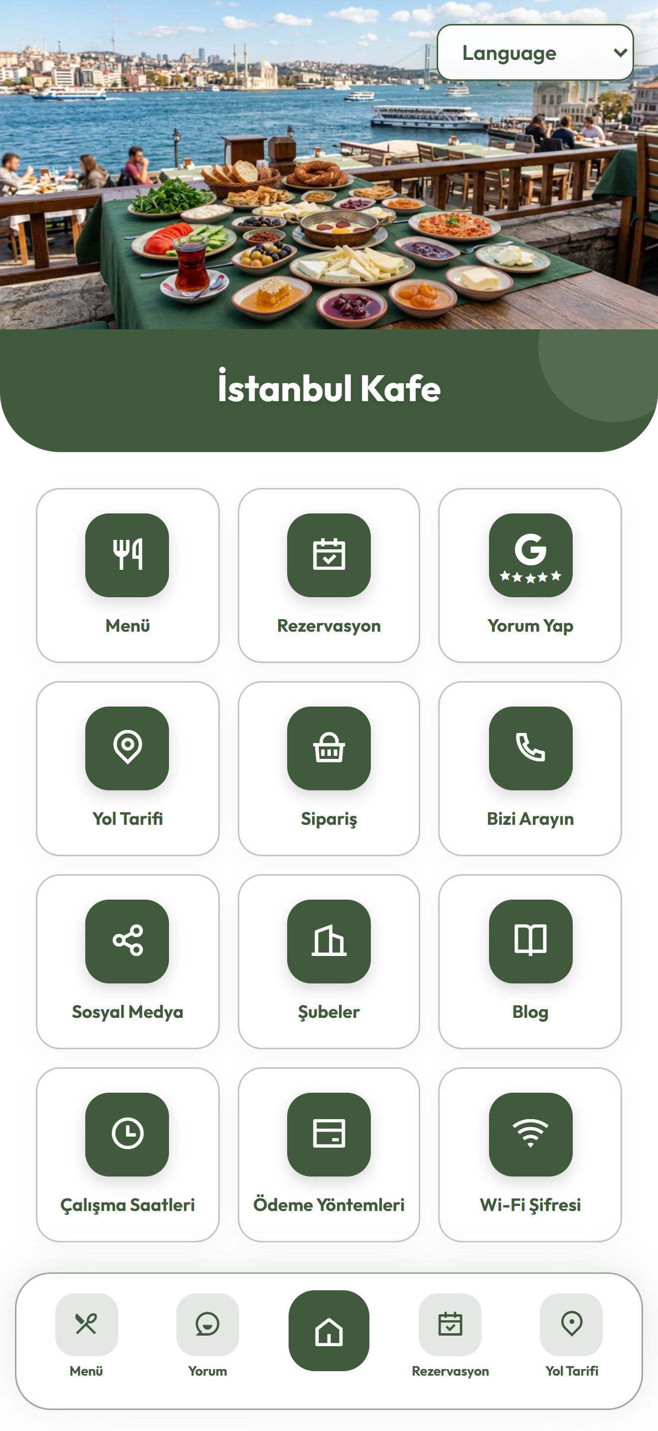 İstanbul Kafe canlı demosunun QR ana ekranı: menü, rezervasyon, iletişim ve şube bağlantıları