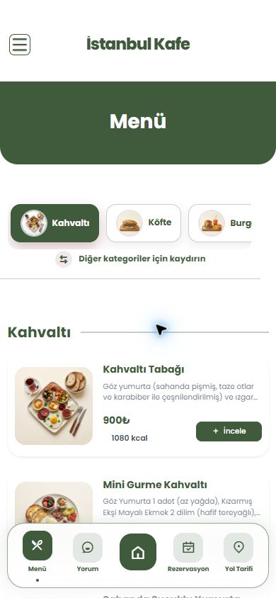 İstanbul Kafe canlı demosundan mobil menü: kategoriler, ürün fotoğrafları ve şubeye ait fiyatlar