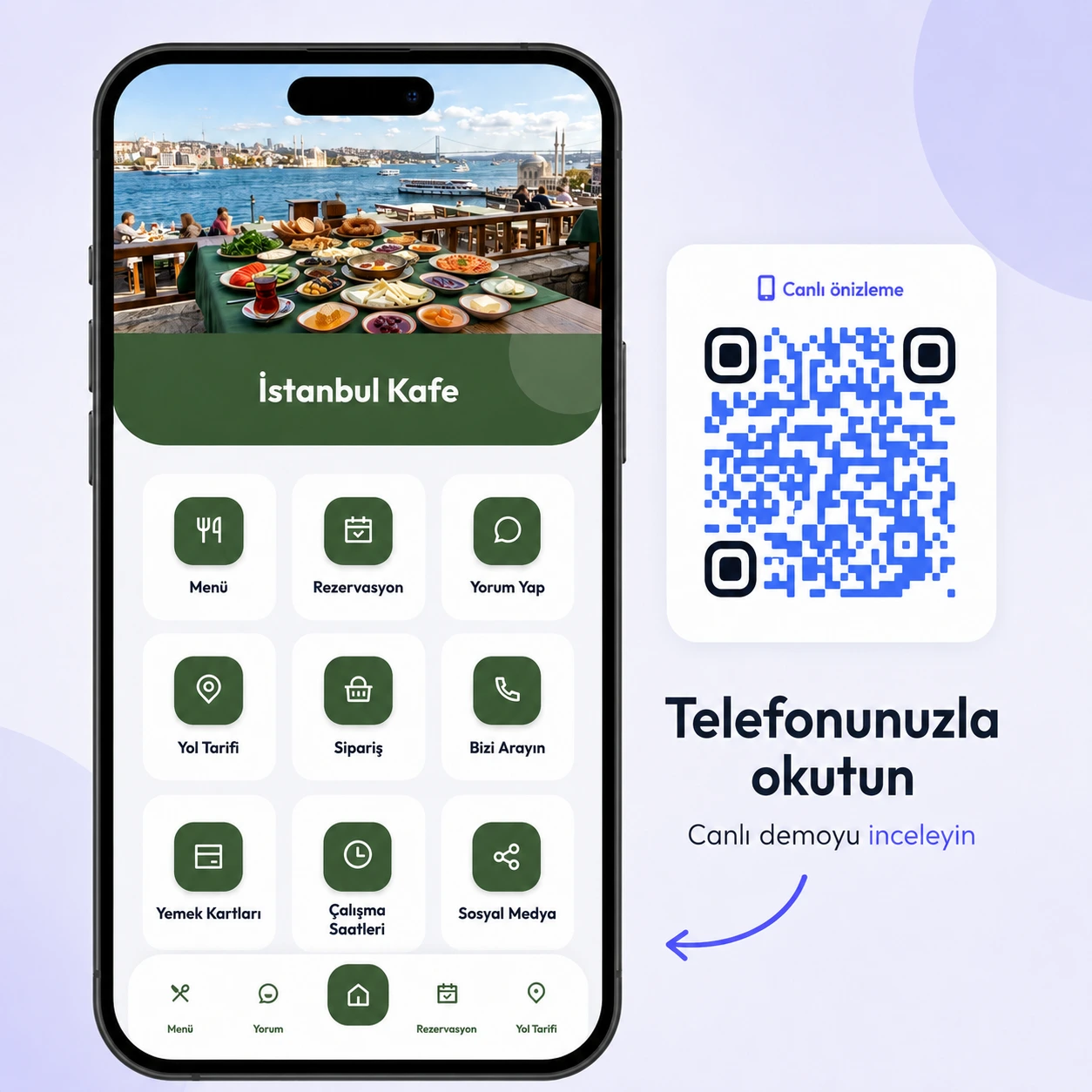KobiQR restoran web sitesini telefonda gösteren kadın ve canlı demo QR kodu